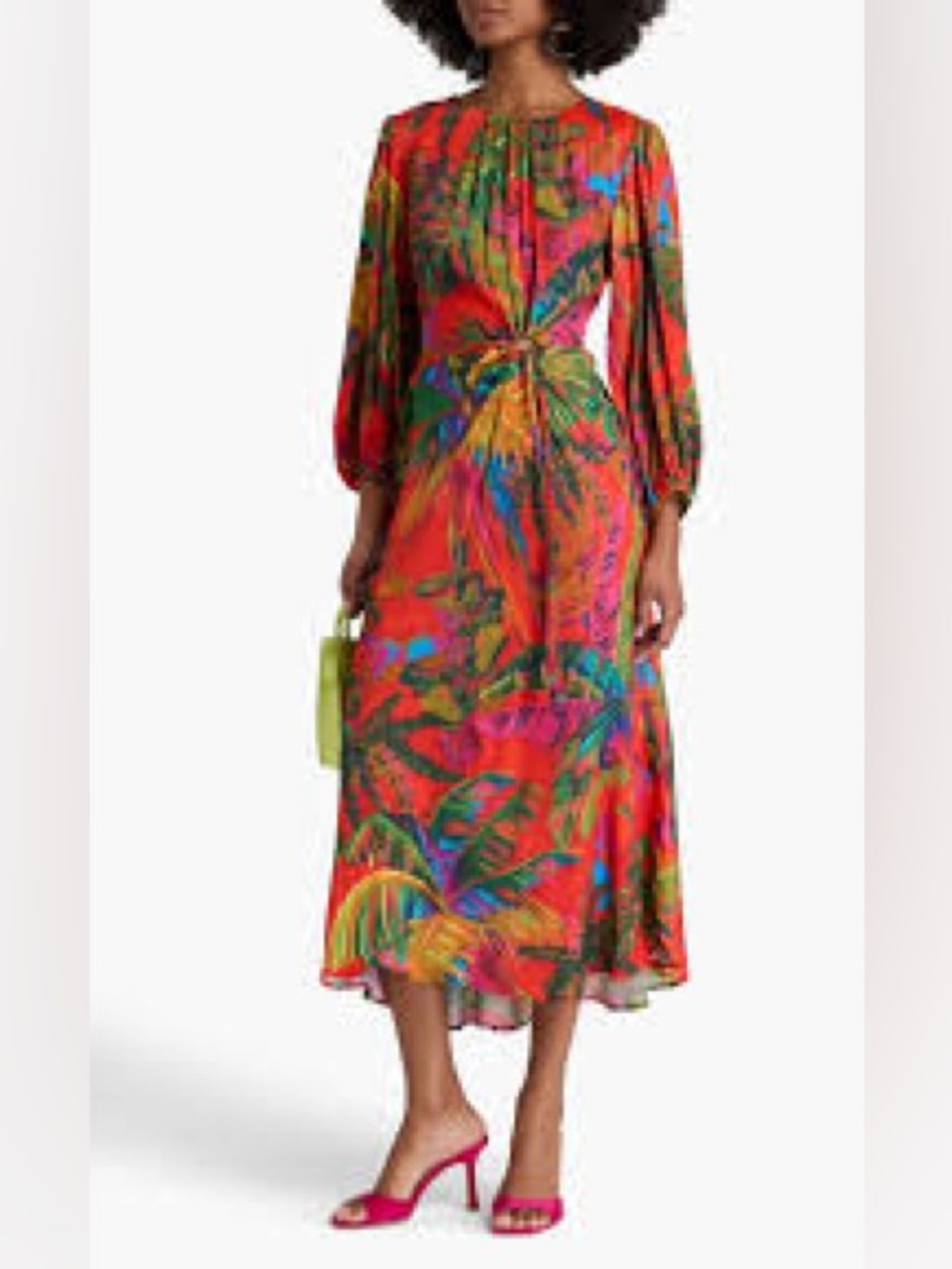 FARM Rio Red Tropical Print Long-Sleeve Midi Dress